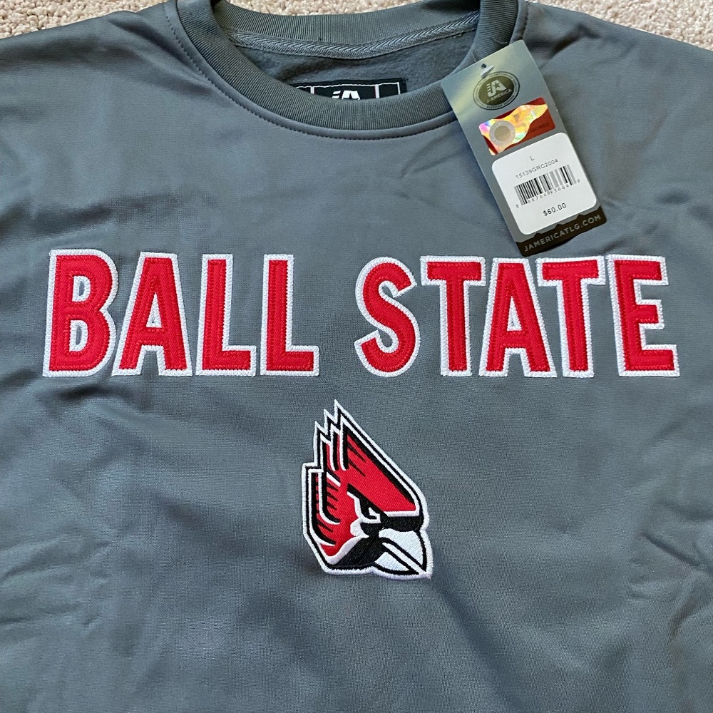 NWT BALL STATE UNIV embroidered crewneck tech fleece Men pullover sweatshirt LG